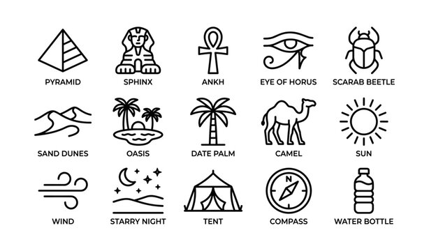 Egyptian symbols arranged in icon grid on white background