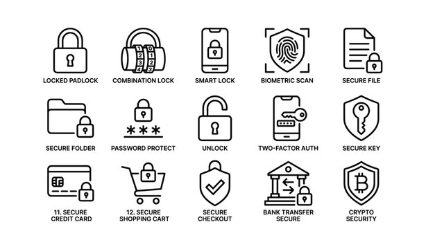 Security and privacy icons arranged in grid on white background
