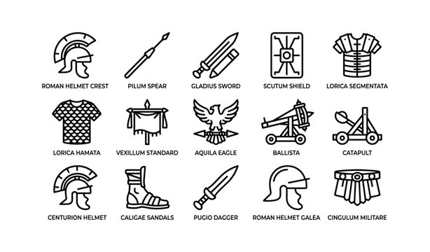 Roman military and weapon icons arranged in grid on white background