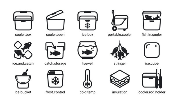 Cooler and fish storage icons displayed in grid on white background