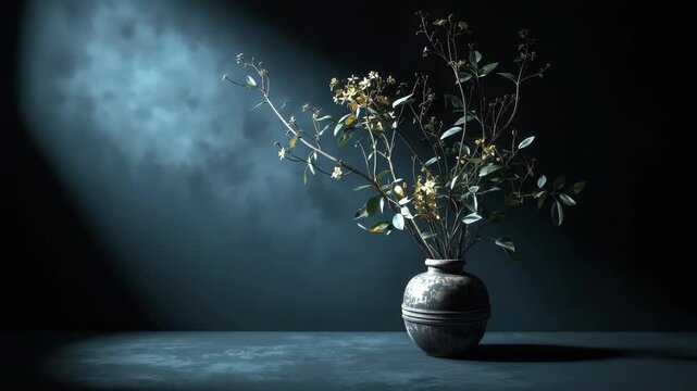 Ceramic vase with yellow blossom and leafy branch still life moody dramatic tabletop lighting