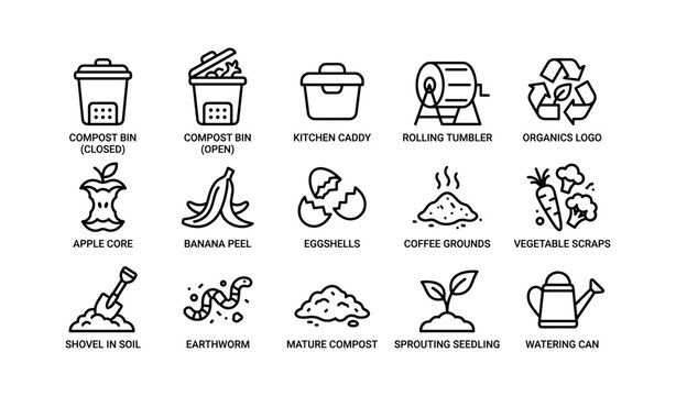 Composting icons showing common food scraps and tools on white