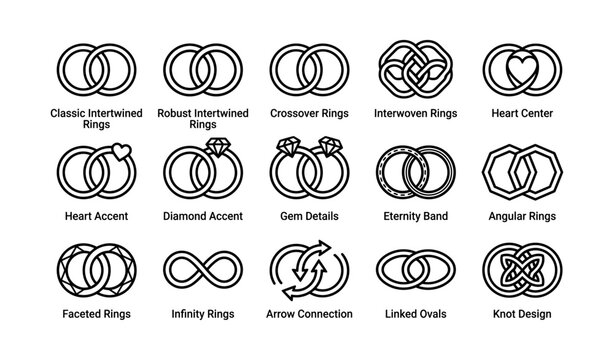 Ring icons showing wedding and engagement band designs on white