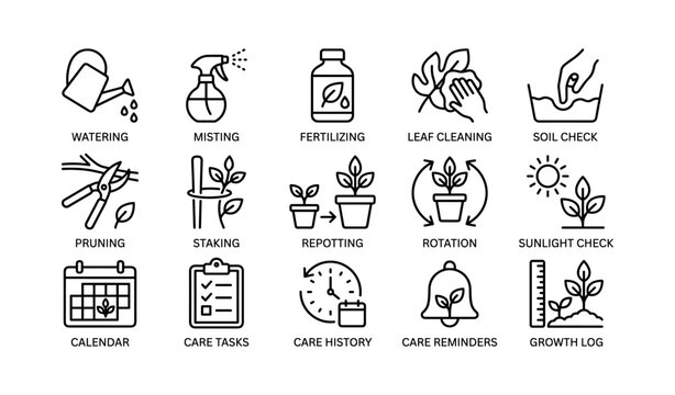 Plant care icons illustrating watering and maintenance tasks
