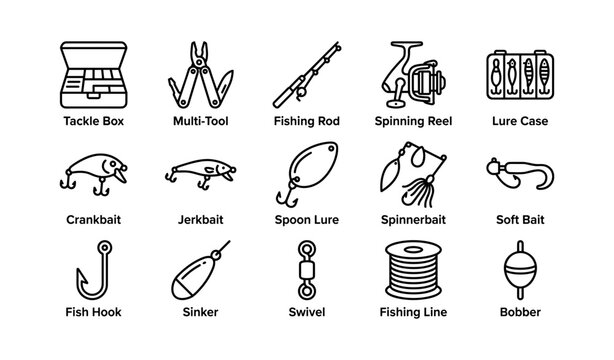 Fishing gear icons arranged in labeled grid on white background
