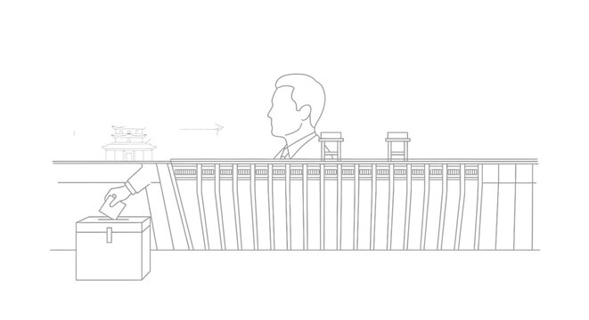 Man Casting Vote into Ballot Box with Temple Background