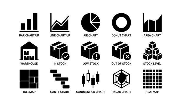 Chart and inventory icons arranged in solid grid on white background
