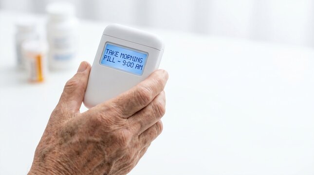 Senior Hand Holds Digital Pill Reminder for Health Management and Medication Adherence