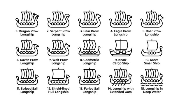 Viking longship prows and ship variations shown in rows