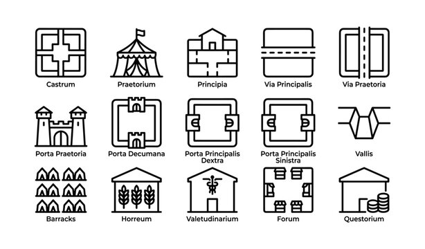 Roman castrum and camp building icons arranged on grid