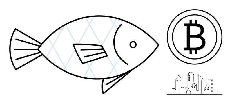Cryptocurrency, digital economy, blockchain, marine economy, urbanization, finance. A fish, Bitcoin logo and buildings. Cryptocurrency and digital economy concepts in a creative