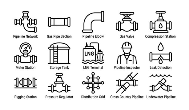 Pipeline and gas infrastructure icons arranged in white grid