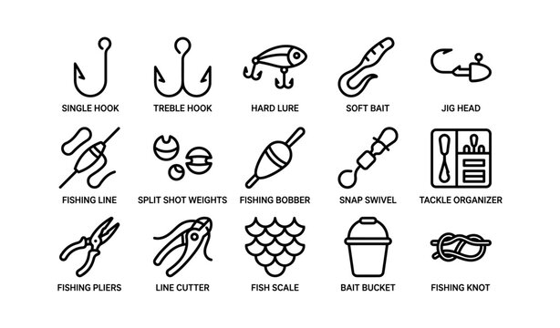 Fishing tackle icons illustrating hooks baits and tools on white