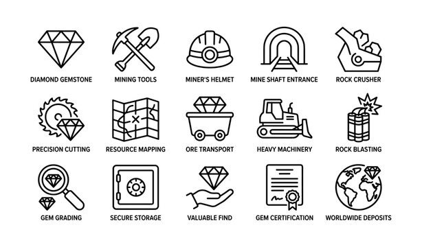 Gemstone and mining icons arranged in grid on white background