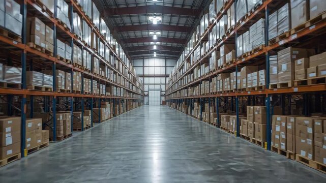 Large warehouse aisle with stacked cardboard box pallets and metal shelving spacious aisle with