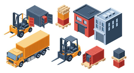 Naklejka premium Isometric Logistics Warehouse with Trucks Forklifts and Cargo Containers