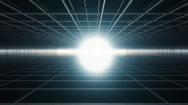 Futuristic grid tunnel light horizon reflection symmetry perspective neon corridor with glowing