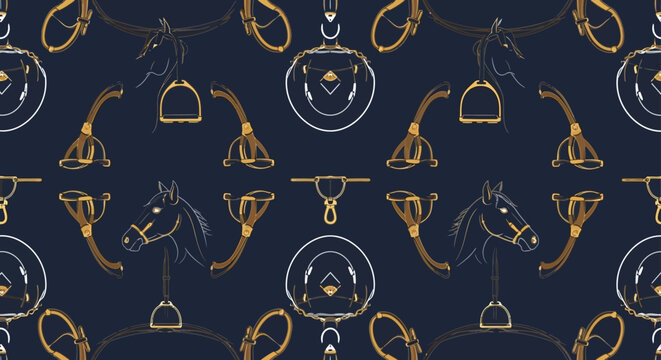 equestrian pattern with horse head bridle and stirrup on dark blue background