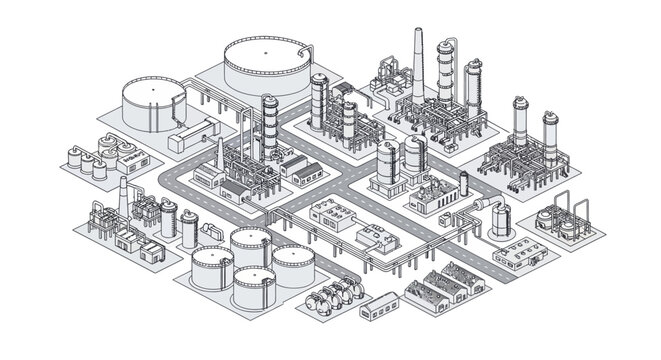 Isometric line art illustration of a sprawling industrial refinery complex.