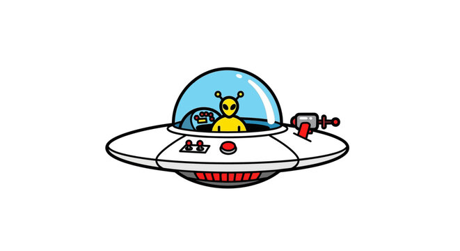 ufo vector flying saucer with a yellow alien cartoon pilot inside a retro spaceship on a clean white background.