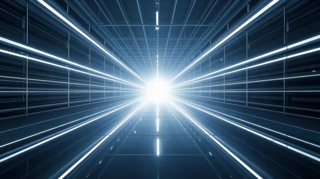 Futuristic corridor and tunnel with converging light beams and blue lines creating dynamic