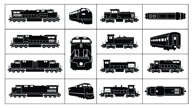 Collection of black and white train and locomotive silhouettes for design.