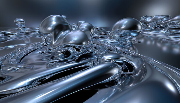 Liquid chrome metal flowing into surreal abstract shapes with distorted reflections for a futuristic 3D background