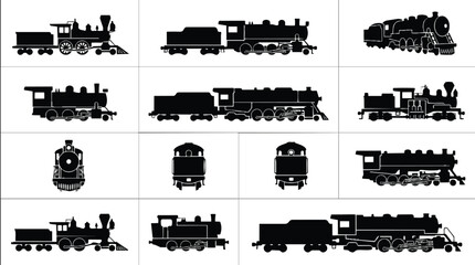 Obraz premium Collection of Vintage Steam Locomotive Engine Silhouettes Isolated on White Background.