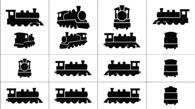 Collection of vintage steam locomotive train silhouettes in various views.