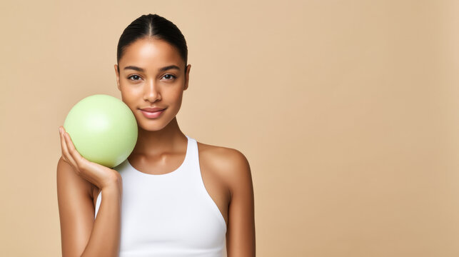 Fit woman with toned body holds exercise ball in studio setting with neutral backdrop. Suitable for gym training, fitness program and active lifestyle theme
