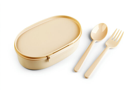 Beige lunch container set with spoon and fork arranged in minimal layout with soft shadow. Suitable for takeaway packaging, kitchen organization and daily meal routine