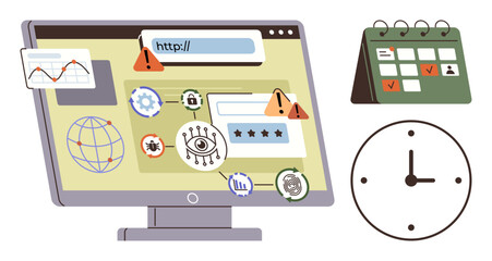 Fototapeta premium Online security, data monitoring, identity protection, risk management, scheduling, analytics. Computer screen with alerts, calendar and clock. Cybersecurity and data monitoring