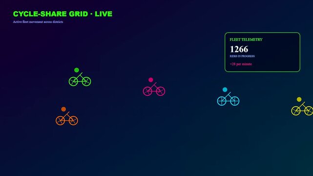 A sophisticated urban mobility dashboard showcasing neon bicycle icons gliding across a deep navy void to illustrate live fleet tracking and city transport analytics