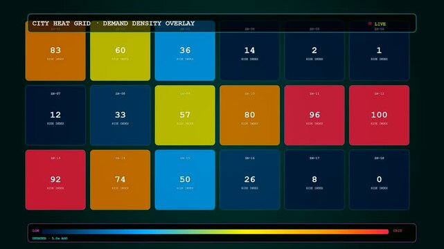 A futuristic urban mobility dashboard showing shifting numerical data and color coded heat maps across a digital grid to monitor city transport demand patterns