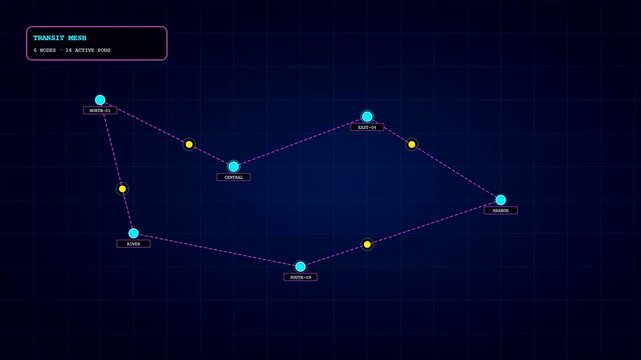 An intricate urban mobility dashboard displays animated data packets flowing through a neon cyan mesh network against a deep navy blue digital grid background