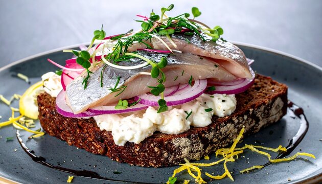 Smorrebrod with fish. Open faced rye bread sandwich topped with pickled herring, cream, and microgreens.