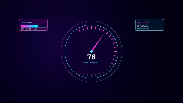 A sleek urban mobility dashboard displaying dynamic speed fluctuations and battery levels through glowing magenta and cyan neon elements on a dark digital void