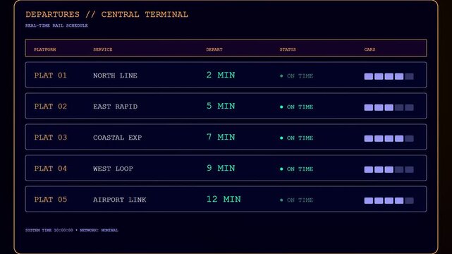 A futuristic urban mobility dashboard displays updated train schedules and platform information with glowing teal text against a deep dark blue digital interface screen