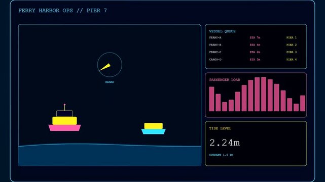 A sophisticated urban mobility dashboard tracks maritime logistics featuring a rotating radar sweep and fluctuating water levels on a dark sapphire digital interface
