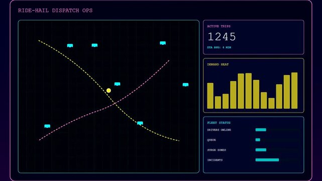 An intricate urban mobility dashboard visualizing live vehicle transit patterns and fluctuating dispatch metrics within a sophisticated midnight blue interface featuring luminous neon graphics