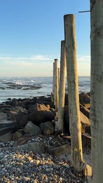 Wooden stakes on the beach in Esposende, Portugal. Sea, beach boulders, pebble shore, and waves at sunset.