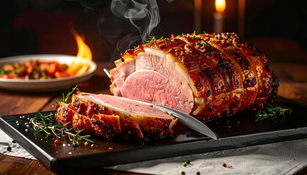 Sliced pork roast. Steaming hot juicy roasted pork loin roll with crispy crackling crust sliced on a plate.