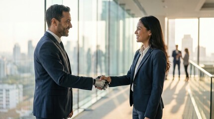 Fototapeta premium Smiling businessman shaking hands with a businesswoman who has a high tech robotic prosthetic arm in a modern office