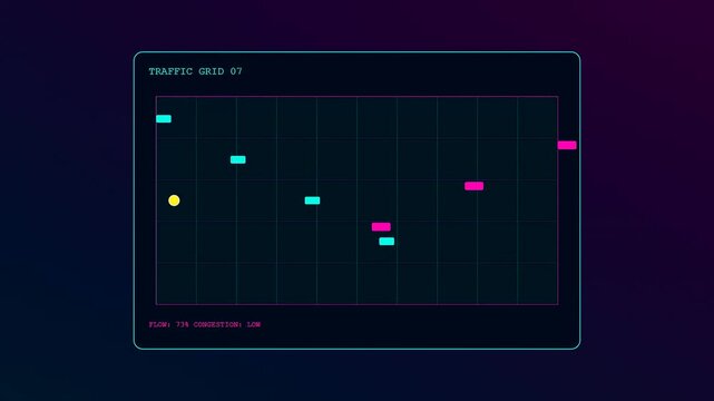 A sophisticated urban mobility dashboard featuring neon cyan and magenta markers shifting across a dark electronic grid to illustrate dynamic metropolitan transit flow data