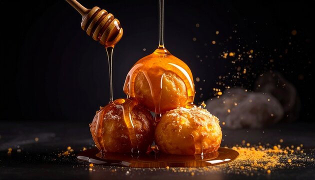 Golden lokma dessert. Honey being poured over crispy sweet dumplings with a wooden dipper for a tempting treat.