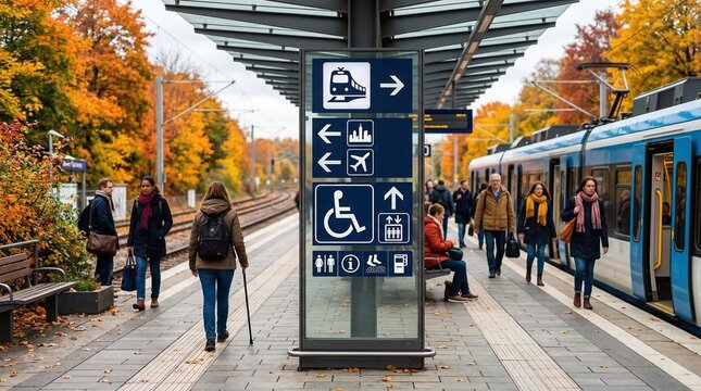 Public transit wayfinding signage, clear navigation, autumn station, user-friendly design, accessible mobility 