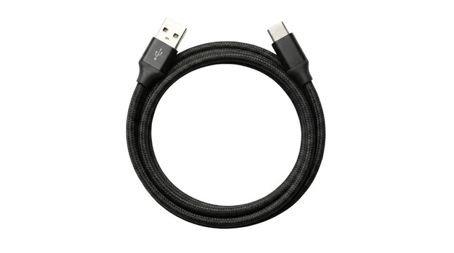 Black braided USB cable charger isolated on transparent background png