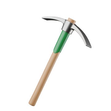 Green and black pickaxe with wooden handle