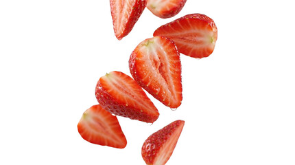 Fresh red strawberry slices falling isolated on transparent background png © SnapVerse