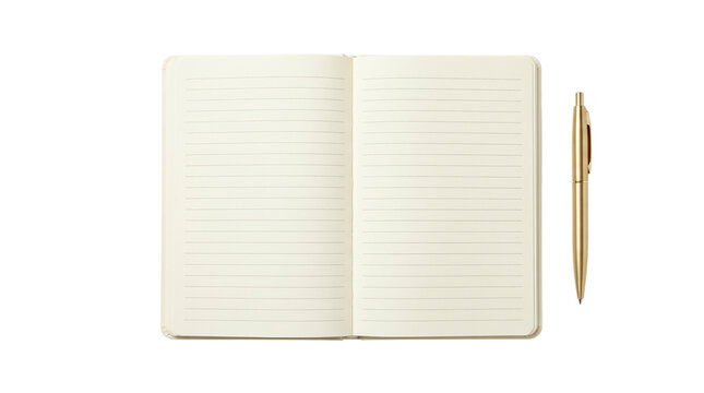 Open notebook and gold pen isolated on transparent background png